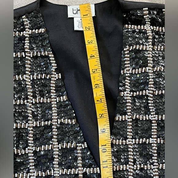 Vintage Theo 90’s Black/Gold/Pearl Checkered Print Sequin Beaded Vest Size M - Picture 11 of 12